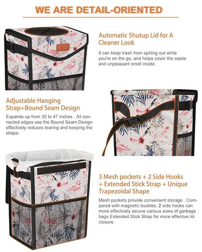 Pritent Car Trash Can with Lid, Cute Leakproof Car Trash Garbage Bag Hanging Vehicle Trash Bin Small Portable Automotive Garbage Cans Organizer for Back/Front Seat/Console(2.8 gal,Flamingo Print