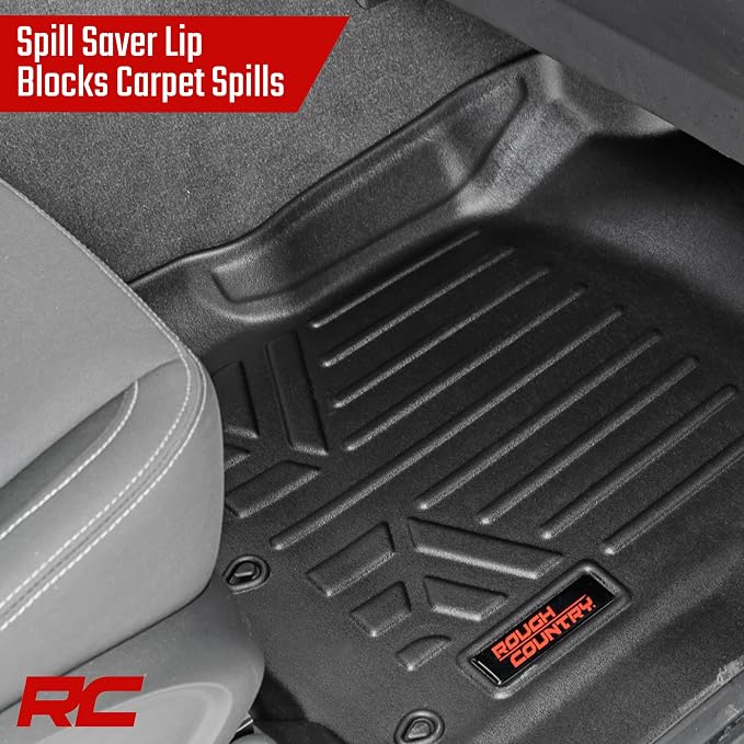 Rough Country Floor Armor Front & Rear Floor Mats for Nissan Titan (2017–2024) & Titan XD (2016–2024) Crew Cab w/Front Bench Seats - All-Weather Protection, Spill Saver Lip