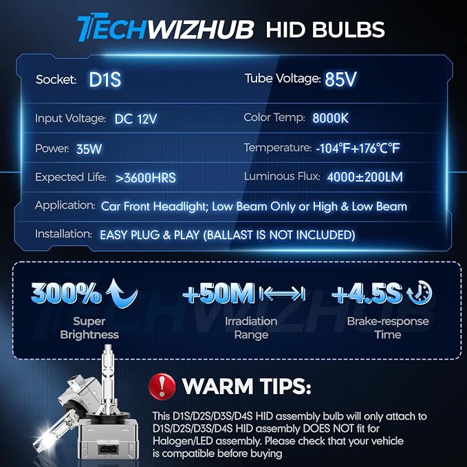 D1S Xenon HID Bulbs, 8000K White Blue 35W High/Low Beam 66144 66140 85140 85415 Replacement Bulb, Easy Installation, Pack of 2