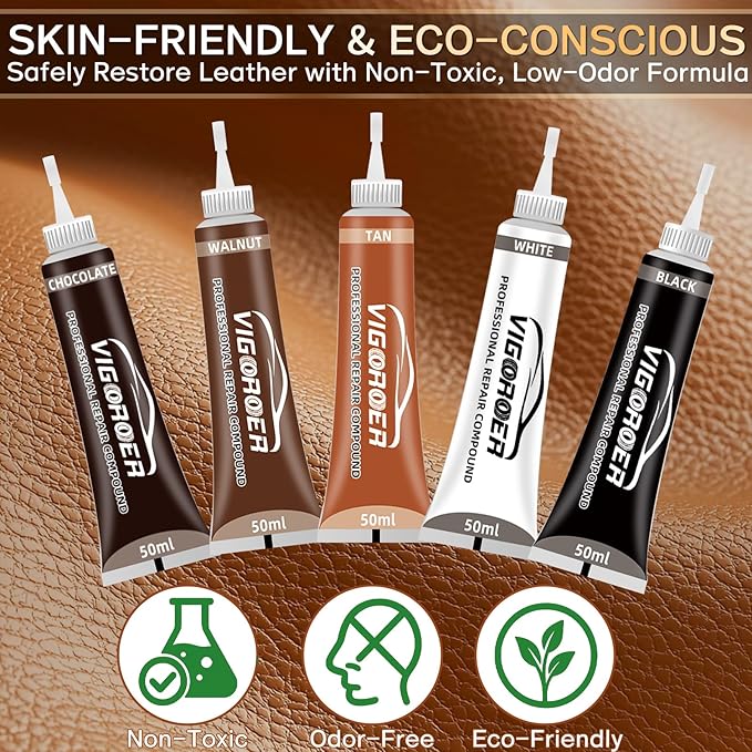 Vigorder Brown Leather Repair Kit for Furniture, Leather Couch Repair Kit for Furniture, Sofa, Jacket, Purse – Super Easy Instructions to Fix Scratches, Tears, Holes, and Peeling