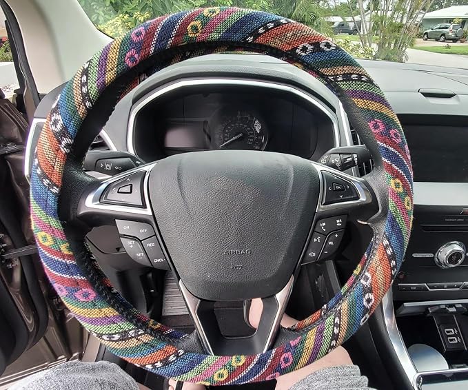 Boho Steering Wheel Cover for Women Men Baja Blanket Enthic Car Steering Wheel Cover Ethnic Car SUV Wheel Protector, Breathable, Anti-Slip, Odorless, Universal Fit 14.5-15 Inch