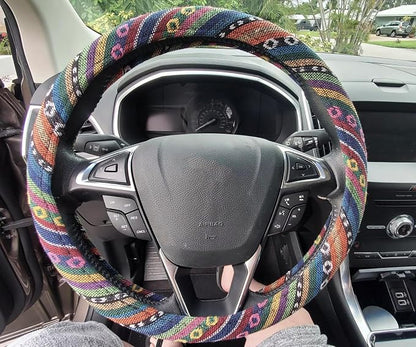 Boho Steering Wheel Cover for Women Men Baja Blanket Enthic Car Steering Wheel Cover Ethnic Car SUV Wheel Protector, Breathable, Anti-Slip, Odorless, Universal Fit 14.5-15 Inch
