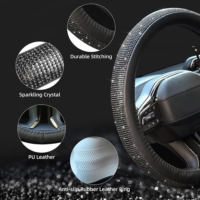 New Diamond Leather Steering Wheel Cover with Bling Bling Crystal Rhinestones, Universal Fit 15 Inch Car Wheel Protector for Women Girls Black Diamond