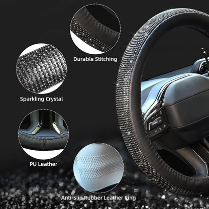 New Diamond Leather Steering Wheel Cover with Bling Bling Crystal Rhinestones, Universal Fit 15 Inch Car Wheel Protector for Women Girls Black Diamond
