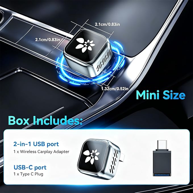 2026 Upgraded Wireless CarPlay Adapter, 2-in-1 Mini CarPlay Adapter for iPhone & Android, 3 Second Auto Stable Connection with Zero Latency, Plug & Play for 2016+ Cars with USB-A/USB-C Ports