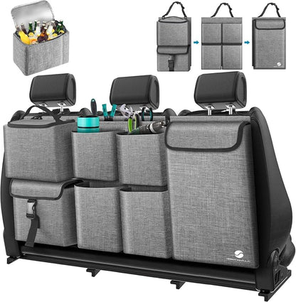Car Trunk Organizer with Cooler, Hanging Organizers with Large Pockets, Zippers Detachable Seat Back Storage, Waterproof for Jeeps, SUVs, Grey