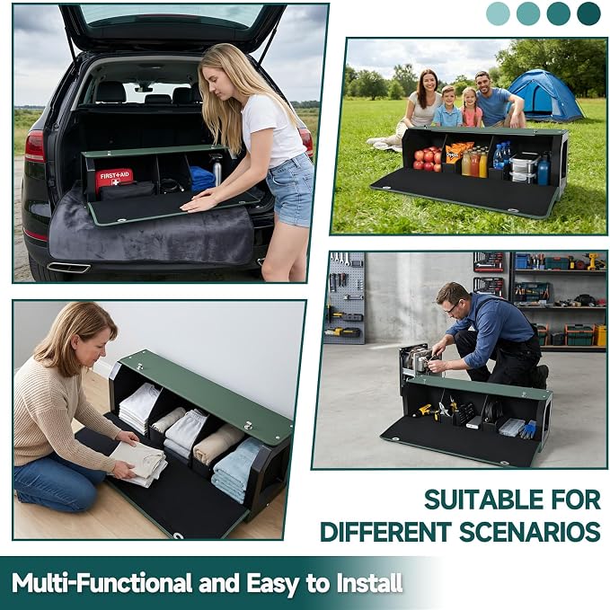 Car Trunk Organizer Sturdy Car Storage Organizer with Lid and Push-pull Handle Collapsible Leather Cargo Organizer for Suv, Truck, Sedan, Van (Green, 40.5 x 11.4 x 12.2in)