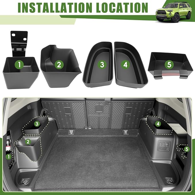 Trunk Organizer for 2010-2024 Toyota 4Runner 5-Seat 2nd Row(NOT Fit 7-Seat 3rd Row), Rear Storage Box Bin Cargo Tray for 4 Runner Interior Accessories(5Pcs Trunk Organizer/Without Speaker)
