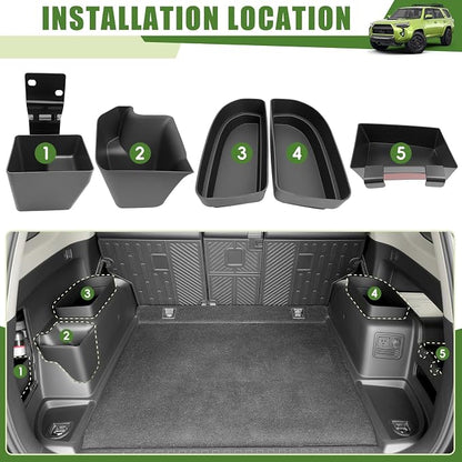 Trunk Organizer for 2010-2024 Toyota 4Runner 5-Seat 2nd Row(NOT Fit 7-Seat 3rd Row), Rear Storage Box Bin Cargo Tray for 4 Runner Interior Accessories(5Pcs Trunk Organizer/Without Speaker)