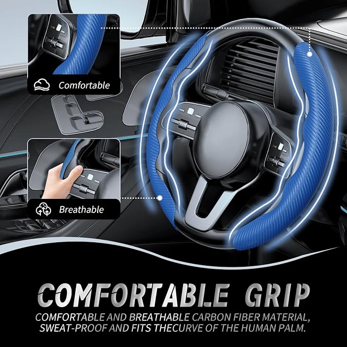 WOCOCN 2pcs Car Steering Wheel Cover,Anti-Skid Carbon Fiber Steering Wheel Protector for Men Women,Multiple Color Options,Universal for Most Car Interiors Accessories (Bule)
