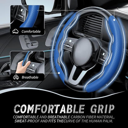 WOCOCN 2pcs Car Steering Wheel Cover,Anti-Skid Carbon Fiber Steering Wheel Protector for Men Women,Multiple Color Options,Universal for Most Car Interiors Accessories (Bule)