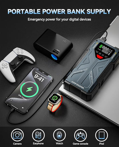 Jump Starter with Air Compressor, 4000A 12V Portable Car Jump Box, 150PSI Tire Inflator Battery Jumper Booster, Power Bank LED Flashlight, Car Emergency Kit for Vehicles (9.0L Gas / 8.0L Diesel)
