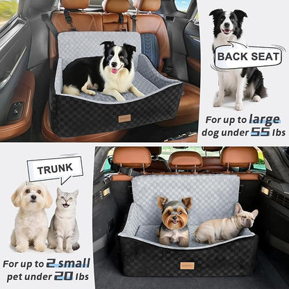 JOEJOY Dog Car Seat for Medium/Large Dogs - Reversible Dual-Sided Travel Dog Car Bed with Memory Foam, Washable Pet Booster Seat for Do gs up to 55 lbs or 2 Small Dogs, 2 Safety Leashes, Grey