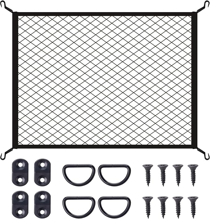 JINGKE Elastic Cargo Net with Fixing Hooks D-Rings Luggage Cover for SUV Rear Trunk Bed Netting Cover ，Net Stretchable Mesh Organizer 32" x 24" Stretch to 63"x43"