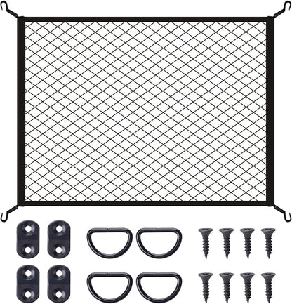 JINGKE Elastic Cargo Net with Fixing Hooks D-Rings Luggage Cover for SUV Rear Trunk Bed Netting Cover ，Net Stretchable Mesh Organizer 32" x 24" Stretch to 63"x43"