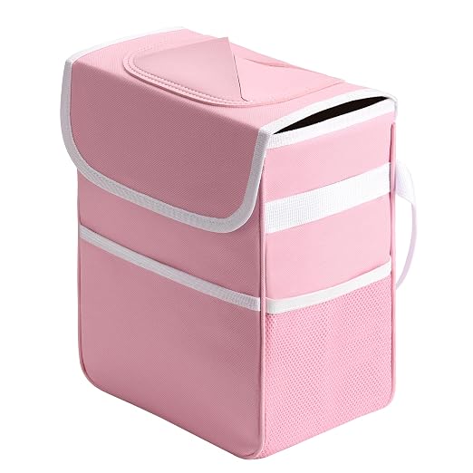 Healsmart 2 Gallon Car Trash Can Lid and Storage Pockets, Leak-Proof Collapsible and Portable Organizer, Multipurpose Garbage Bin with Adjustable Straps, Pink