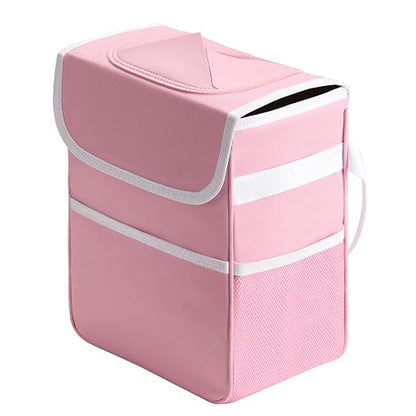 Healsmart 2 Gallon Car Trash Can Lid and Storage Pockets, Leak-Proof Collapsible and Portable Organizer, Multipurpose Garbage Bin with Adjustable Straps, Pink
