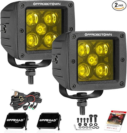 OFFROADTOWN LED Cubes 3" 100W CREE Yellow LED Pods with Wiring Harness & Cover Spot Beam Off Road Driving Ditch Lights Amber Fog Lights for Trucks UTV ATV SUV Motorcycle Boat