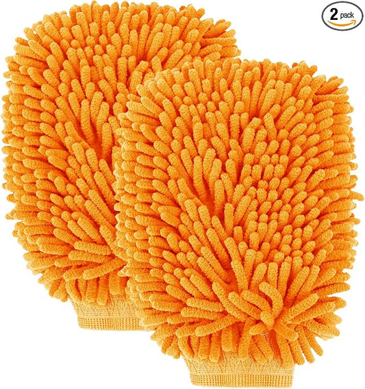 wuyaoyao 2PCS Car Wash Mitt, 10.14"×7.12" Chenille Microfiber Car Wash Mitts, Scratch-Free & Lint-Free, Absorbent Double Sided Clean Glove for Cars Cleaning, Auto Cleaning Supplies (Orange)