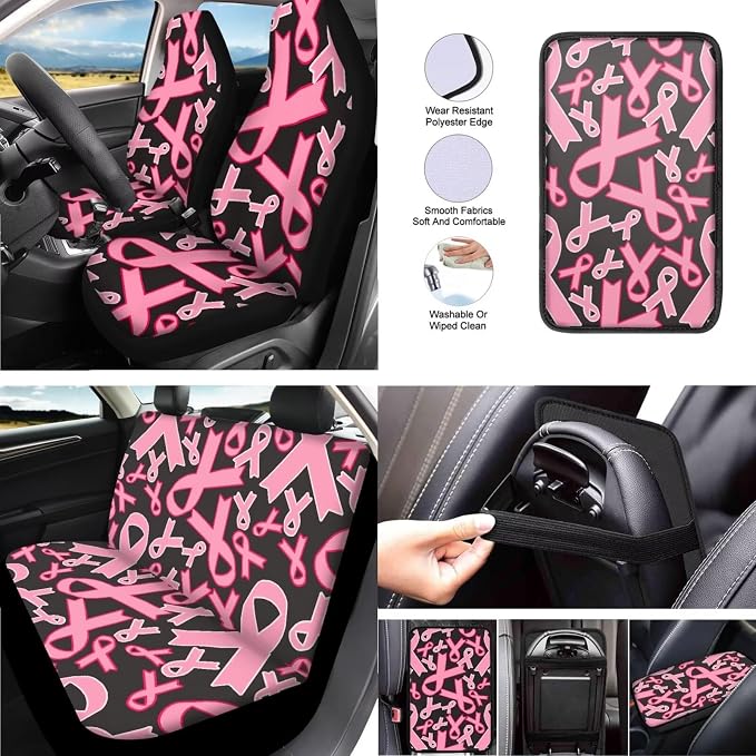 13 Set Pink Ribbon Car Seat Cover Full Set, Breast Cancer Awareness Universal Seat Belt Pads Cup Holder Coasters, Minimalist Aesthetics Steering Wheel Cover Keychain