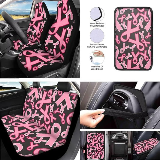 13 Set Pink Ribbon Car Seat Cover Full Set, Breast Cancer Awareness Universal Seat Belt Pads Cup Holder Coasters, Minimalist Aesthetics Steering Wheel Cover Keychain