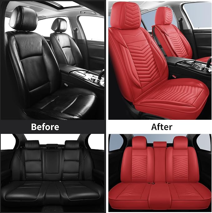 HChengkikz Nappa Leather Car Seat Covers Full Set, Red Car seat Protector 5 Seats, Waterproof Car Seat Cushion, Universal Automotive Seat Covers Fit for SUV Truck Pick-up Sedan, Front and Rear