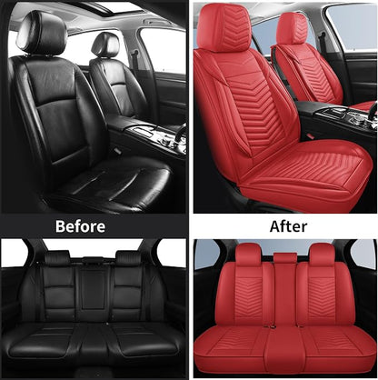 HChengkikz Nappa Leather Car Seat Covers Full Set, Red Car seat Protector 5 Seats, Waterproof Car Seat Cushion, Universal Automotive Seat Covers Fit for SUV Truck Pick-up Sedan, Front and Rear