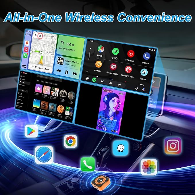 Wireless CarPlay Adapter 4 in 1-2026 Upgraded Screen Mirroring Adapter for Apple CarPlay & Android Auto & AirPlay & MirrorLink, Screen Mirror Dongle for Car, Plug & Play, Come with Type-C Extension