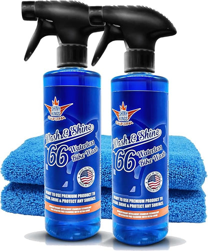 Shinykings Motorcycle Cleaner Wash&Shine 66 | WATERLESS Motorcycle Wash with Ultra Shine Effect | Powerful Detailing Spray for All Surfaces | Motorcycle Cleaning Kit California | 32 fl.oz