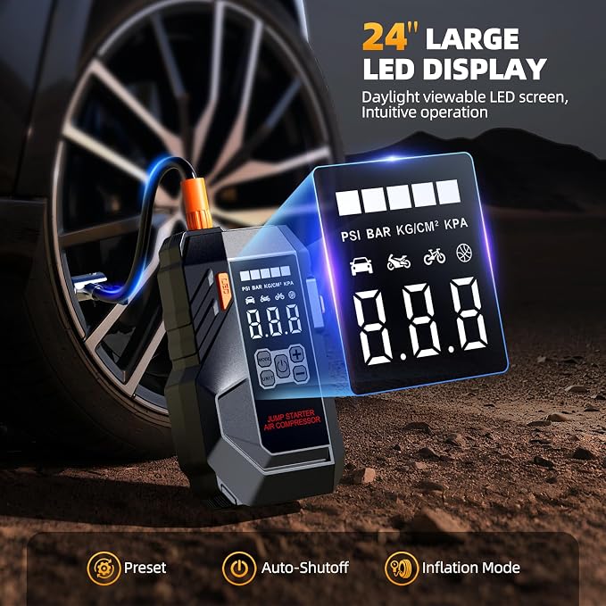 10-in-1 Portable Car Battery Jump Starter with Air Compressor, Jump Starter 6000A 26800mAh 160PSI (All Gas/12L Diesel), 12V Jump Box Car Battery Jumper Starter Portable Jumper Cables, Lights