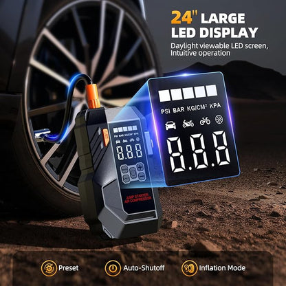 10-in-1 Portable Car Battery Jump Starter with Air Compressor, Jump Starter 6000A 26800mAh 160PSI (All Gas/12L Diesel), 12V Jump Box Car Battery Jumper Starter Portable Jumper Cables, Lights