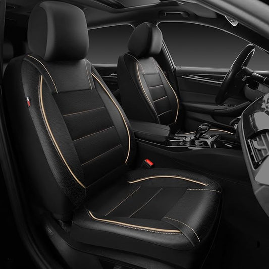 CAR PASS Universal FIT Piping Leather Two Front Seat Covers, Waterproof Faux Leather for SUV Sedan Van Truck, Airbag Compatible,Reserved Opening Holes for Headrest Covers. (Black and Beige)