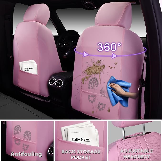 CAR PASS Nappa Leather Car Seat Covers, Cute Girly Water Resistant 3D Foam Faux Leather Seat Covers, Lumbar Support Automotive Seat Covers 2 Front Seats, Universal Fit for Cars SUV, Cute Pink White
