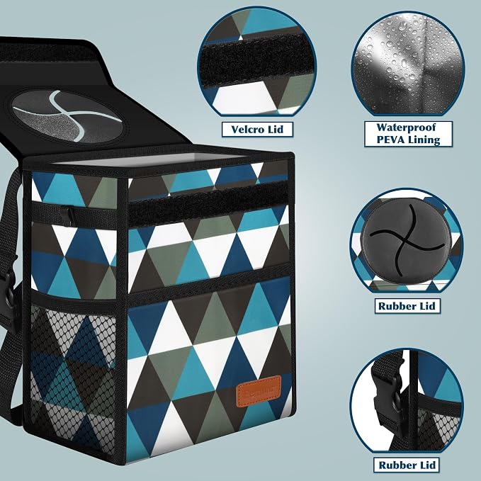 Femuar Car Trash Can with Lid - Leak Proof, Waterproof, Multipurpose Car Hanging for Headrest, Collapsible and Portable with Storage Mesh Pocket, Triangle