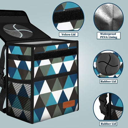 Femuar Car Trash Can with Lid - Leak Proof, Waterproof, Multipurpose Car Hanging for Headrest, Collapsible and Portable with Storage Mesh Pocket, Triangle