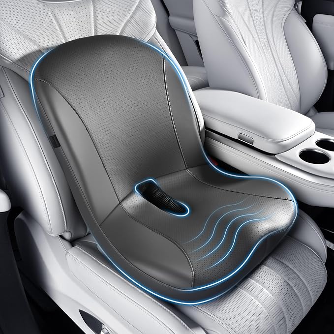 Coverado Car Seat Cushion and Lumbar Support Pillow One Piece, Napa Leather Memory Foam Ergonomic Back Support Driving Seat Cushion for Back Pain, Non-Slip Washable Cushion for Car, Driver, Office