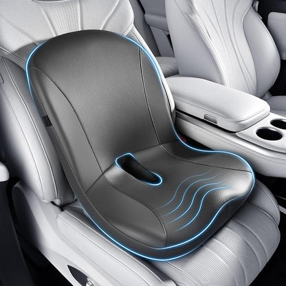 Coverado Car Seat Cushion and Lumbar Support Pillow One Piece, Napa Leather Memory Foam Ergonomic Back Support Driving Seat Cushion for Back Pain, Non-Slip Washable Cushion for Car, Driver, Office