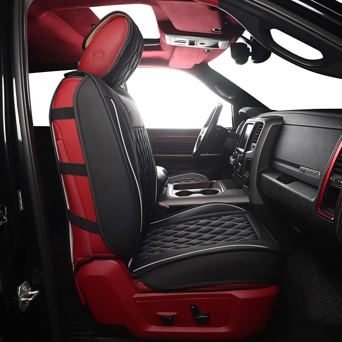 JOJOBAY Car Seat Covers for Dodge Ram,Fit 2009-2025 1500/2500/3500 HD Pick-up Truck,Crew,Regular,Quad,Mega Cab,Waterproof Synthetic Leather Seat Covers(2PCS-Front,Black-White)