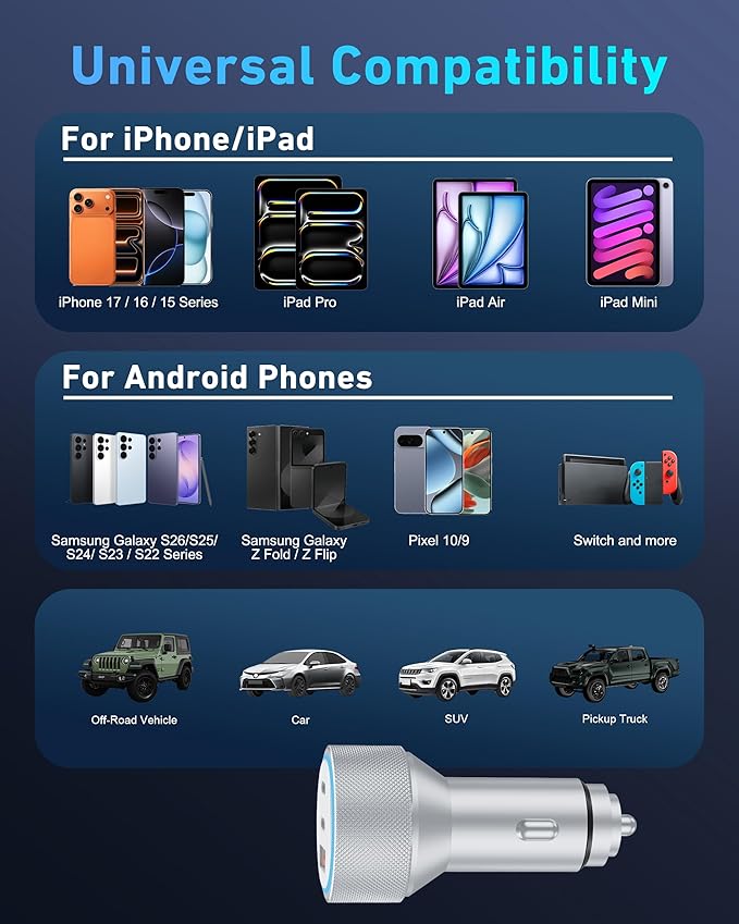 WODENTA for iPhone 17/16/15 Pro Max Car Charger, 67W 3-Port Fast USB C Car Charger Power Cigarette Lighter Adapter with 3FT USB C to C Cable for iPhone 17/17 Pro/Air/17e/16/15 Pro Max/Plus/16e, iPad