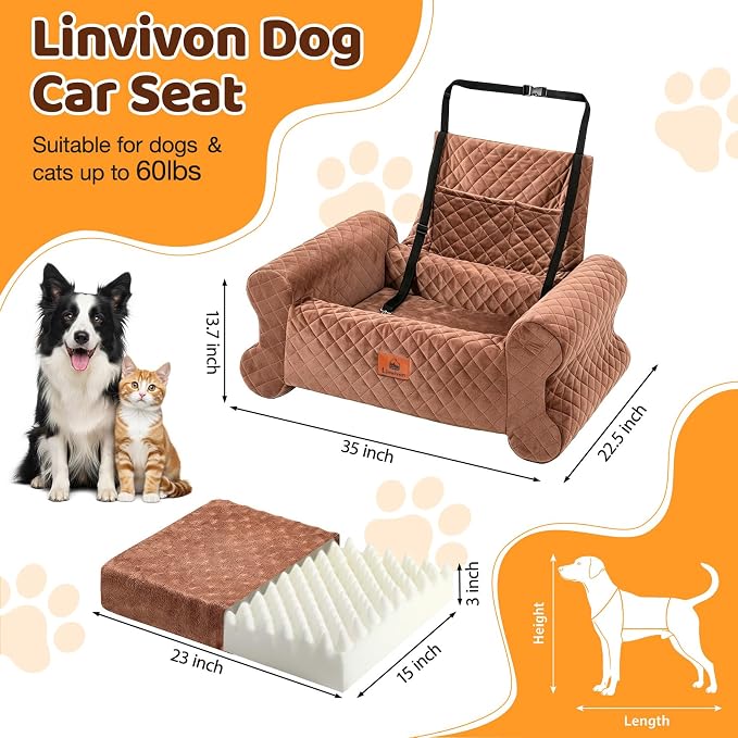 Dog Car Seat for Medium/Large Dogs up to 60 lbs, Memory Foam Dog Booster Seat with Thick Cushion, Pet Car Seat for Back with Detachable Washable Cover, Storage Pockets for SUV, Pick Up, Trunk, Brown