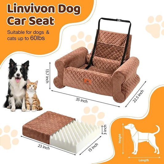 Dog Car Seat for Medium/Large Dogs up to 60 lbs, Memory Foam Dog Booster Seat with Thick Cushion, Pet Car Seat for Back with Detachable Washable Cover, Storage Pockets for SUV, Pick Up, Trunk, Brown