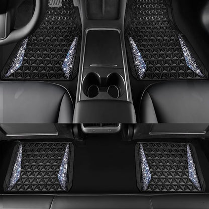 CAR PASS Dazzle Colour Change Car Mats Diamond Floor Mats Full Set Anti-Slip 3D Rhombus Waterproof Universal Trim Fit Liner Glitter Crystal Sparkly Shining Rhinestone Girl Women SUV Sedan Van Colorful