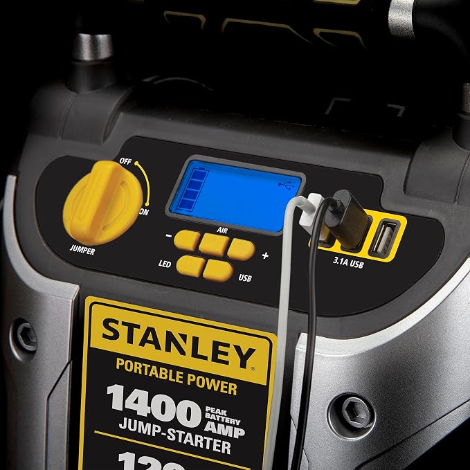 Stanley J7C09D 1400 Peak Amp Automotive Jump Starter, Portable Power – Triple 15W USB Ports, 120 PSI Air Compressor for Tires & Sports Equipment