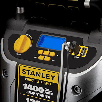 Stanley J7C09D 1400 Peak Amp Automotive Jump Starter, Portable Power – Triple 15W USB Ports, 120 PSI Air Compressor for Tires & Sports Equipment