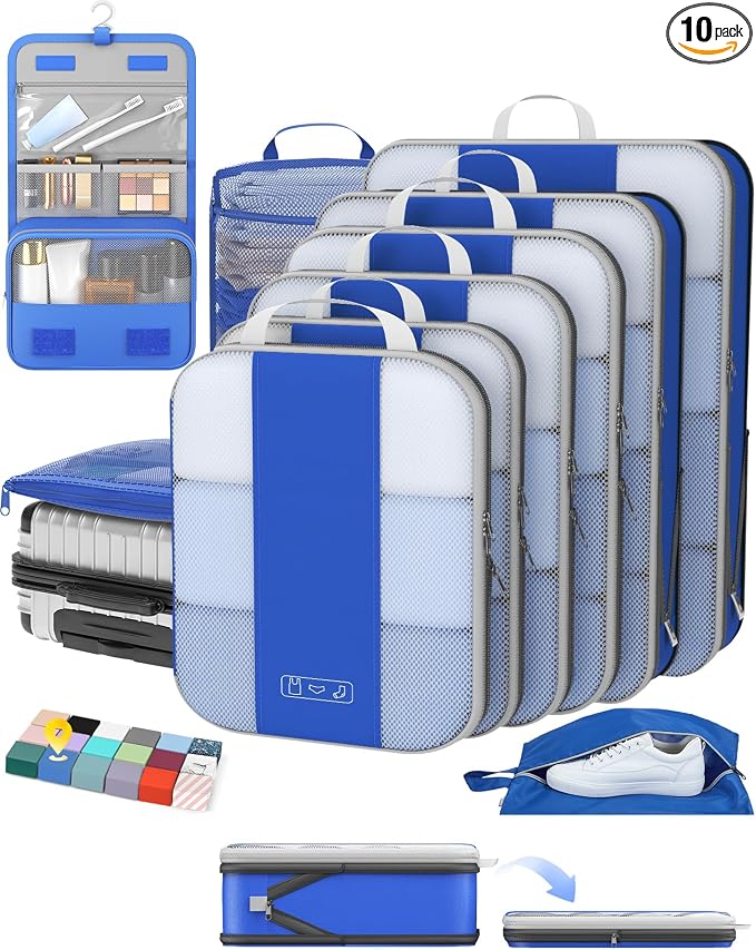 OlarHike 10-Pack Compression Packing Cubes for Travel Essentials,Compressible Expandable Packing Cubes for Suitcase,Luggage Garment Bags for Travel,Handy Helper for Organizing Clothes(Klein Blue)