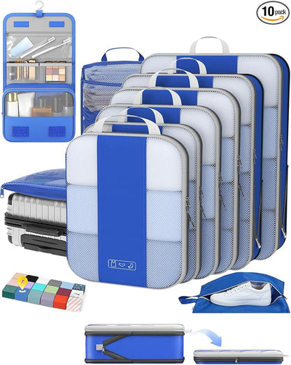 OlarHike 10-Pack Compression Packing Cubes for Travel Essentials,Compressible Expandable Packing Cubes for Suitcase,Luggage Garment Bags for Travel,Handy Helper for Organizing Clothes(Klein Blue)