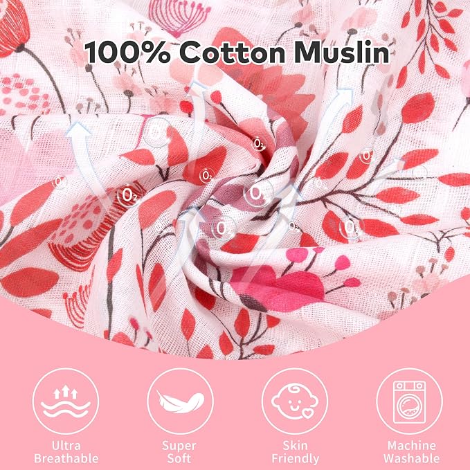 Rquite Infant Car Seat Cover for Babies Girls, Muslin Cotton Carseat Canopy, Breathable Stroller Sun Shade, Baby Shower Gift & Newborn Essentials, Universal Fit Summer & Hot Weather (Pink Flowers)