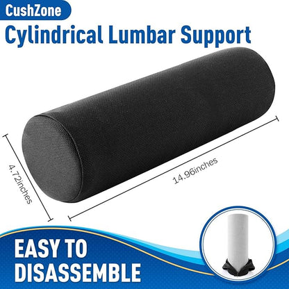 CushZone Seat Cushion, Lumbar Roll Support Pillow for Office Chair, Car, Gaming Chair, Memory Foam Back Cushion with Washable Cover for Relieving Back Pain & Improving Posture,Black