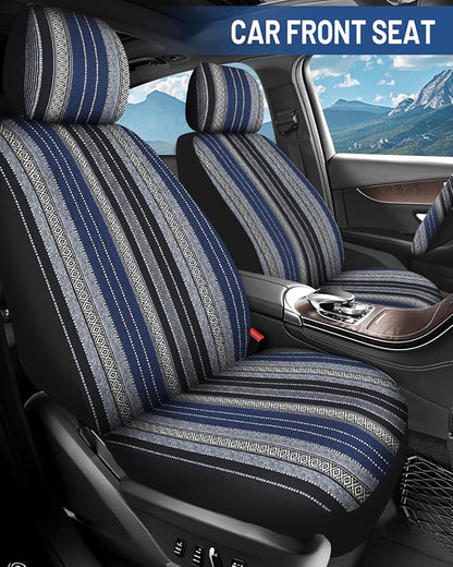 Baja Saddle Blanket Car Seat Covers Front Set with Seat Belt Pads, Washable Breathable Striped Woven Cloth Seat Covers for Cars, SUV, Truck, Airbag Compatible(Blue)