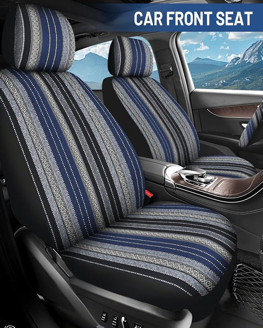 Baja Saddle Blanket Car Seat Covers Full Set with Seat Belt Pads and Steering Wheel Cover, Washable Breathable Striped Woven Cloth Seat Covers for Cars, SUV, Truck(Blue,Large)